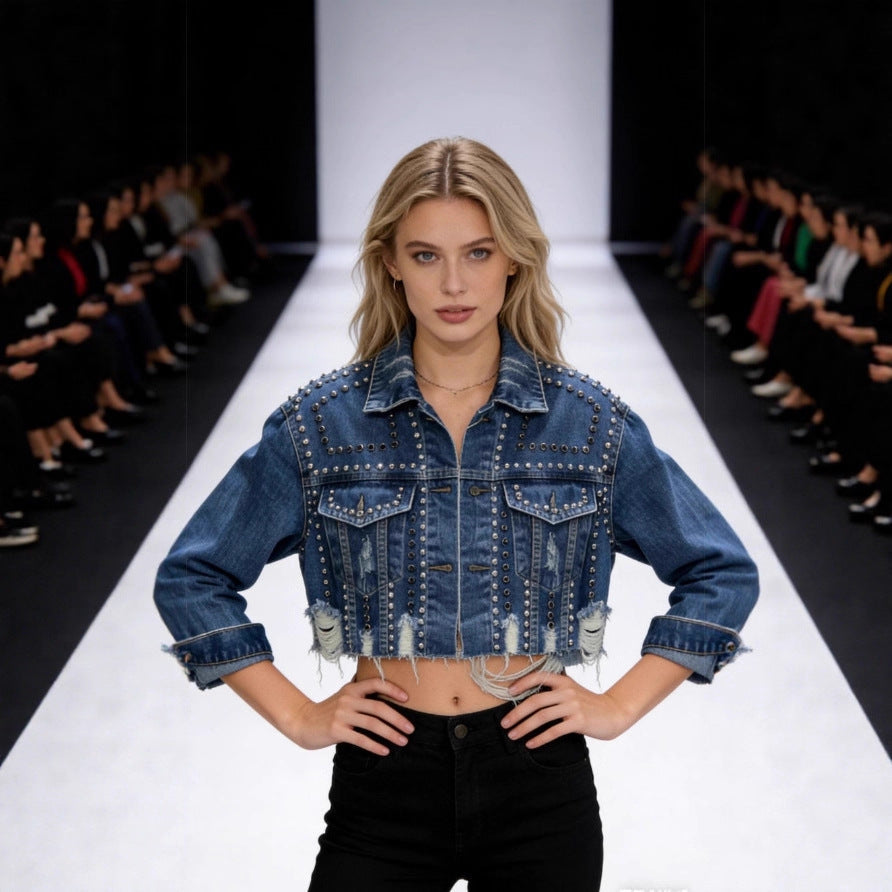 Damen Jeansjacke Lässig Verziert Blau Eveloria - Eveloria