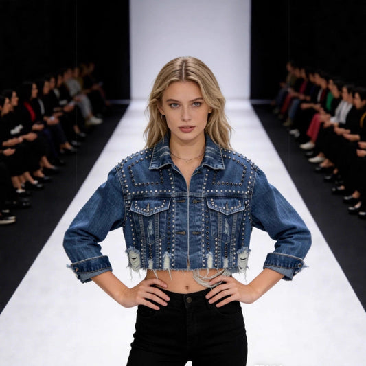 Damen Jeansjacke Lässig Verziert Blau Eveloria - Eveloria