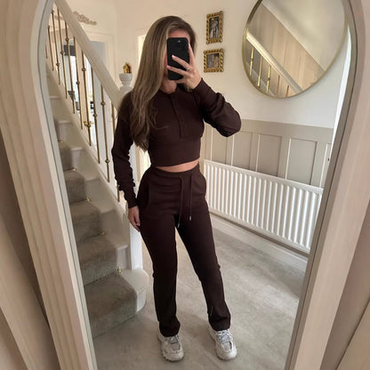 Damen Freizeit-Set Cropped Sweatshirt Jogginghose Beige