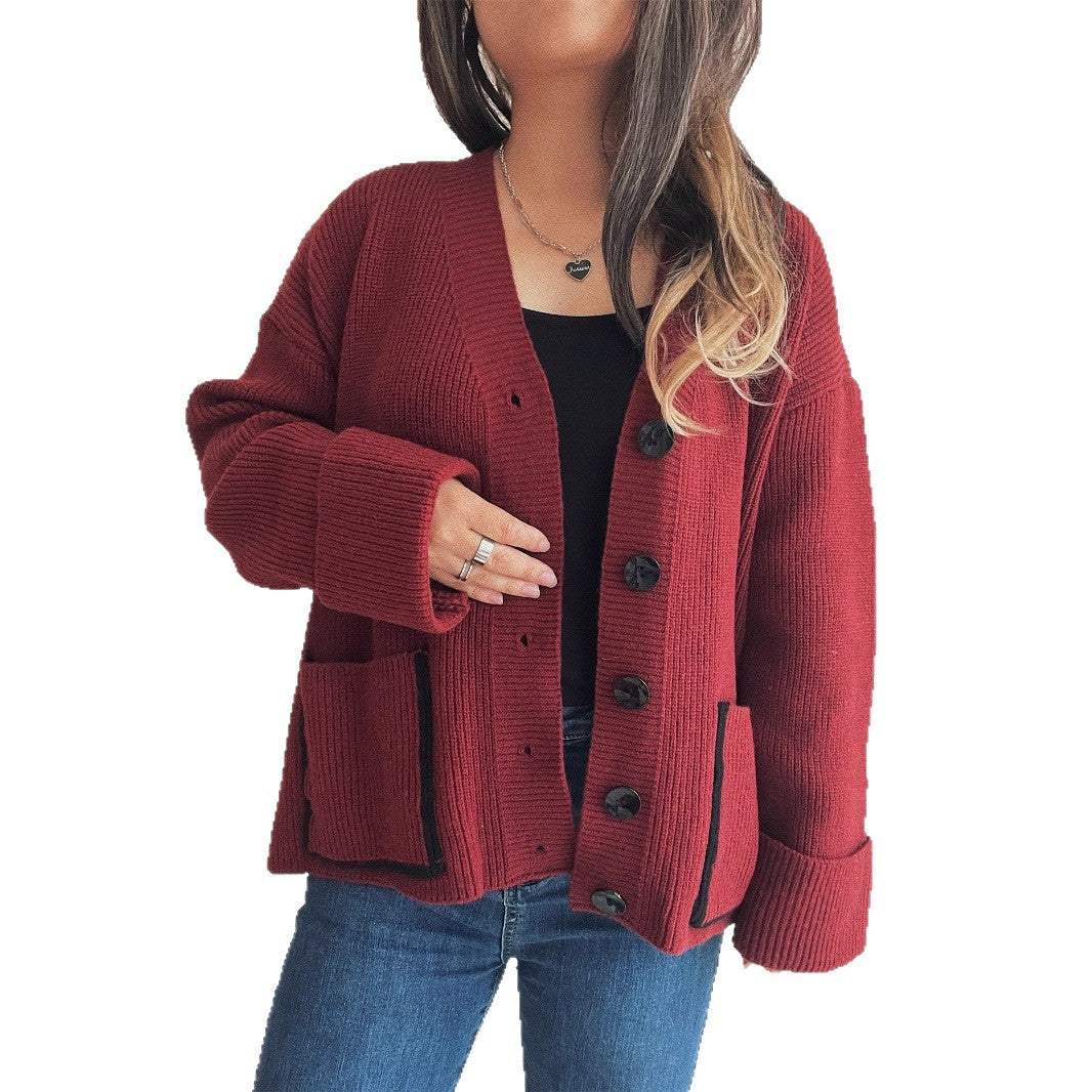 Damen Strickcardigan Weich V-Ausschnitt Große Taschen Beige