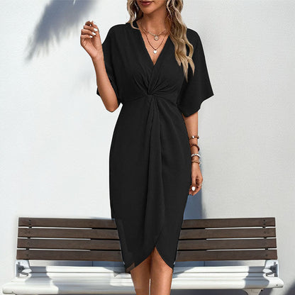 Damen Midi Wickelkleid Blütenraffung Elegantes Design