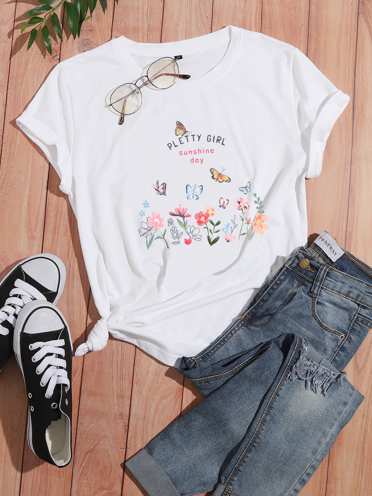 Damen T-Shirt Blumendruck Elegant Weiß