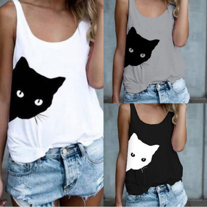 Damen Tanktop Katzenmotiv Baumwolle Lässig Weiß