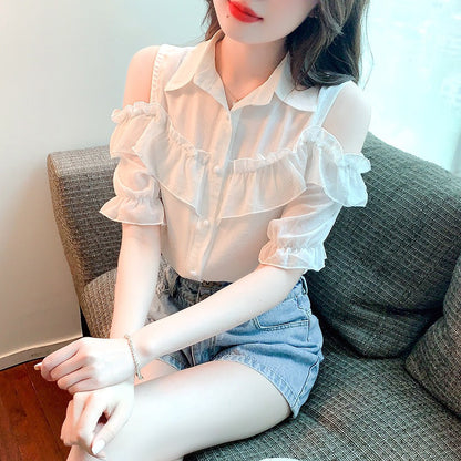 Damen Off-Shoulder Bluse Rüschendetails Weiß