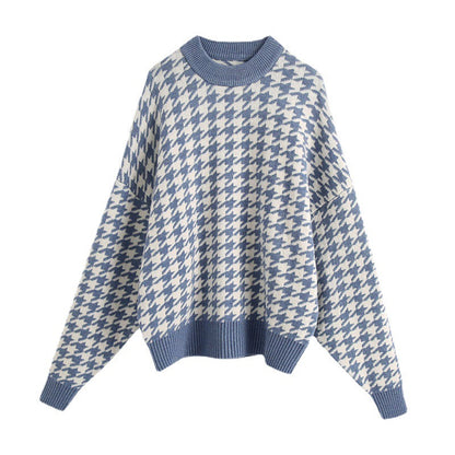 Damen Strickpullover Oversized Hahnentrittmuster Lässig Beige