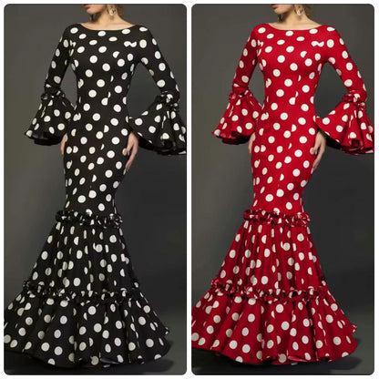 Damen Maxikleid mit Volant und Polka-Dots Schwarz - Eveloria
