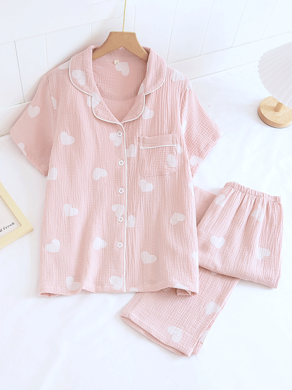 Damen Pyjama-Set Herzmuster Knopfleiste - Eveloria