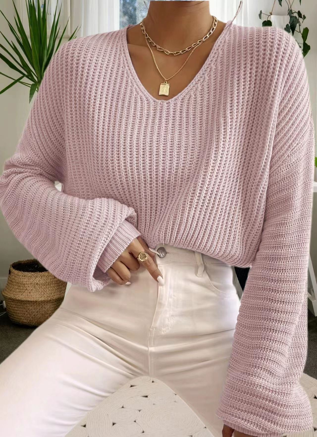 Damen Strickpullover Luftiger V-Ausschnitt Langer Ärmel Beige