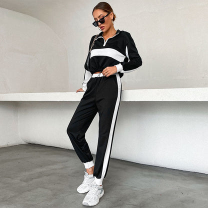 Damen Sportliches Trackset Elastisch Kontraststreifen Schwarz - Eveloria