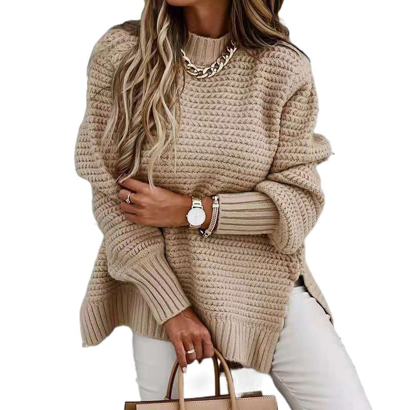 Damen Strickpullover Waffle-Muster Weite Ärmel Beige