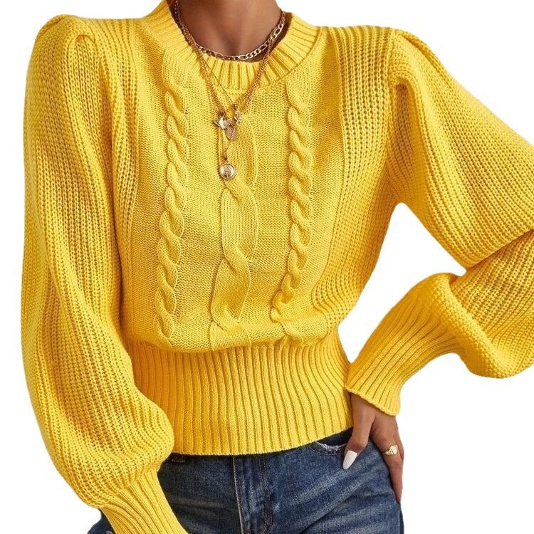 Damen Grobstrickpullover Voluminöse Ärmel Zopfmuster Eveloria