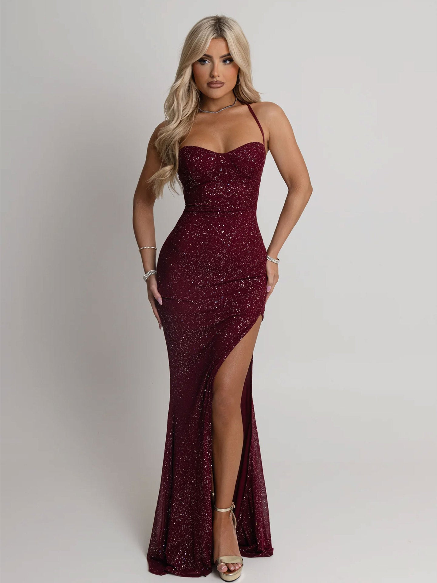 Damen Abendkleid Paillettenbesatz Schlitz Eveloria