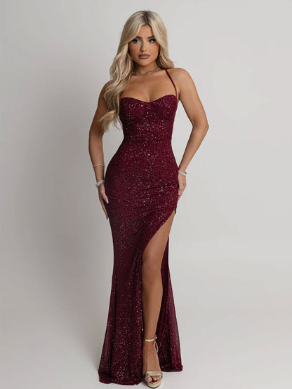 Damen Abendkleid Paillettenbesatz Schlitz Eveloria