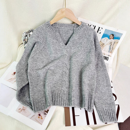 Damen Strickpullover V-Ausschnitt Zopfmuster