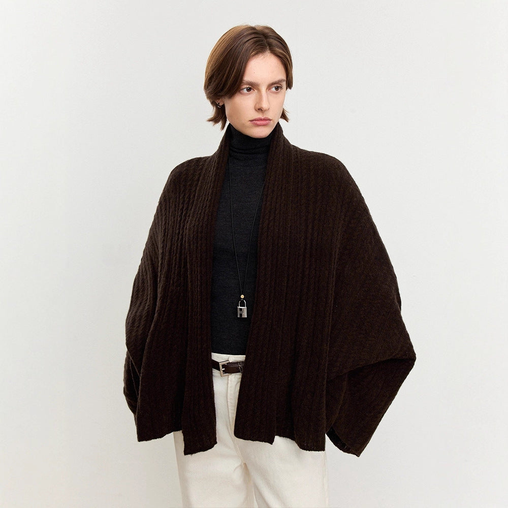 Damen Strickponcho Feine Wolle Luftig Beige