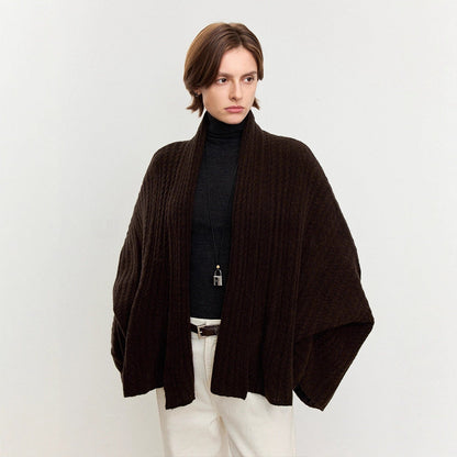 Damen Strickponcho Feine Wolle Luftig Beige