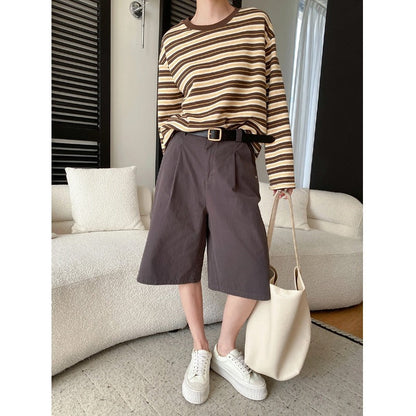 Damen Chino Shorts Hochwertig Falten Gürtel Detail Beige