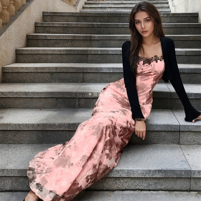 Damen Maxikleid Spitzenverzierungen V-Ausschnitt Eveloria