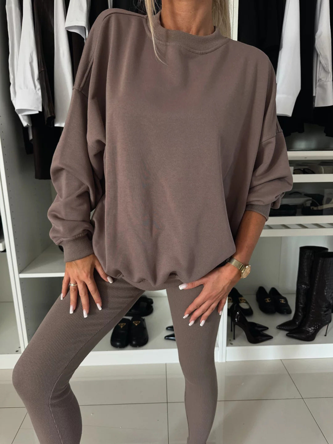 Damen Sweatpullover Überschnittene Schultern Enganliegend Beige