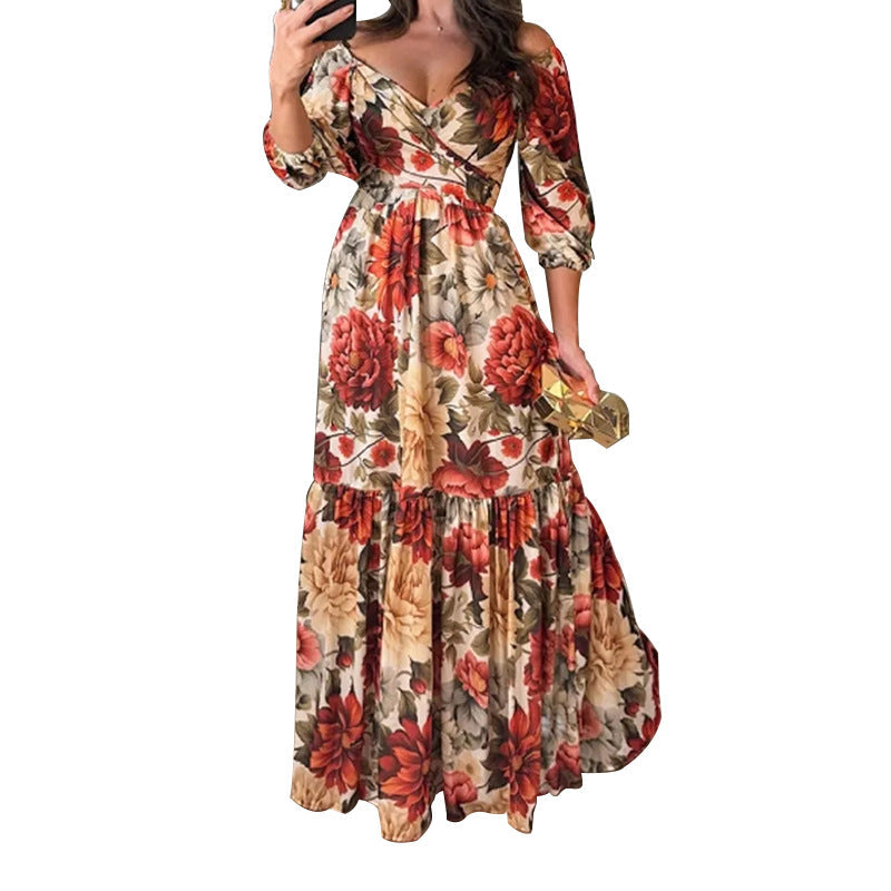 Damen Maxikleid Schulterfrei Rüschensaum Floral