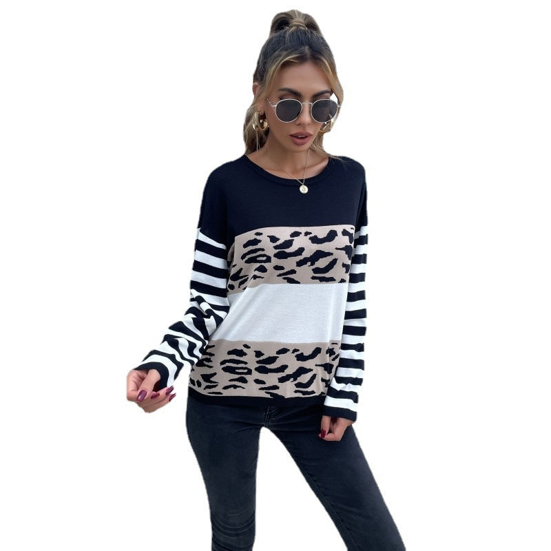 Damen Pullover mit Streifen Ärmeln und Tiermuster