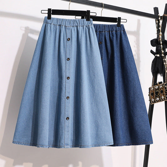 Damen Denim-Rock Lang Dekorative Druckknöpfe Blau - Eveloria