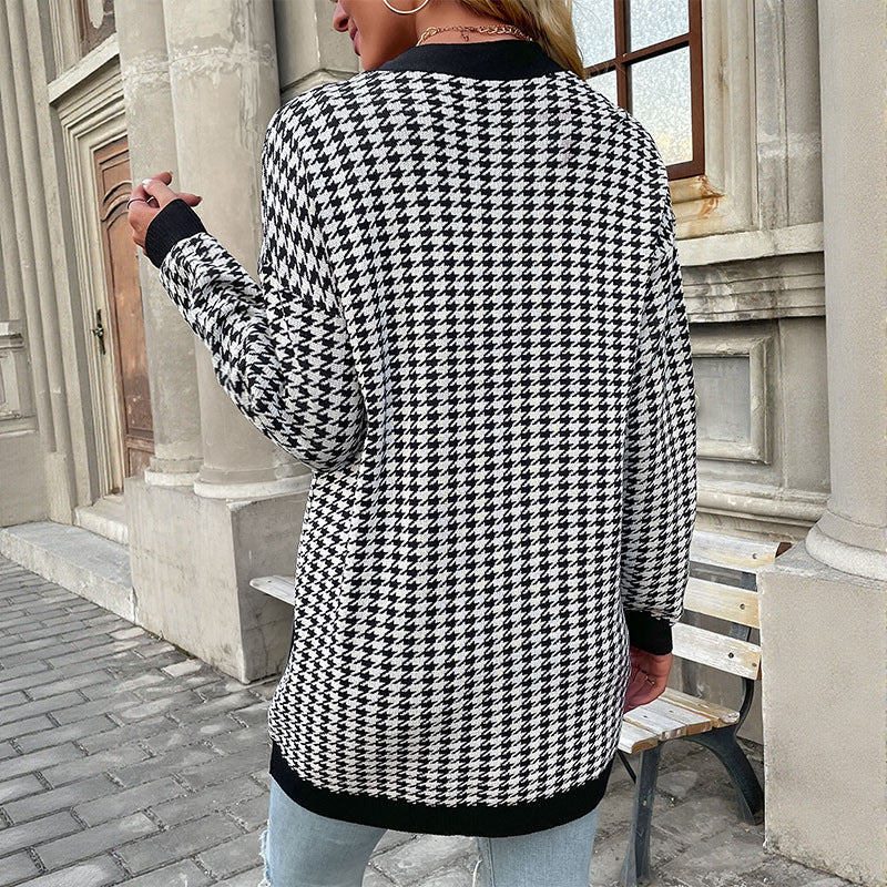 Damen Strickcardigan Hahnentritt-Muster Große Knöpfe Lang