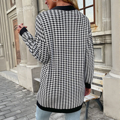 Damen Strickcardigan Hahnentritt-Muster Große Knöpfe Lang