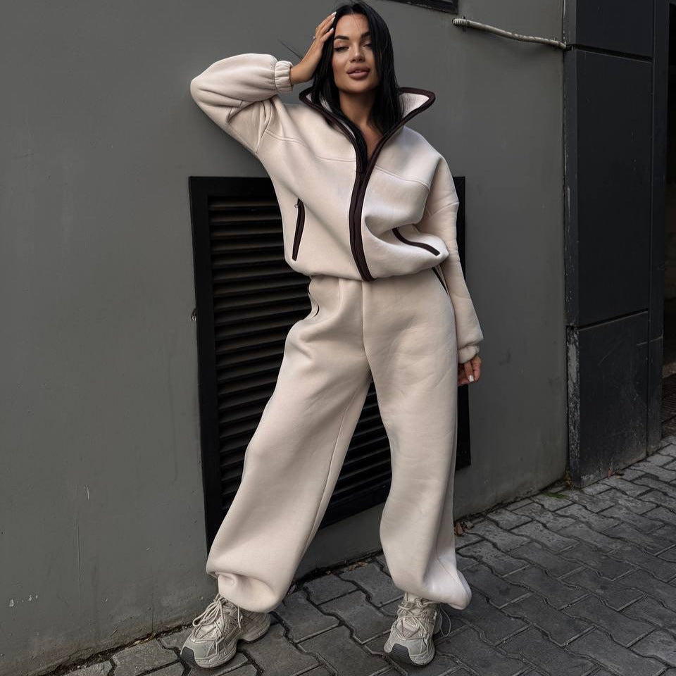 Damen Fleece-Jogginganzug Hochkragen Kängurutasche Schwarz Eveloria - Eveloria