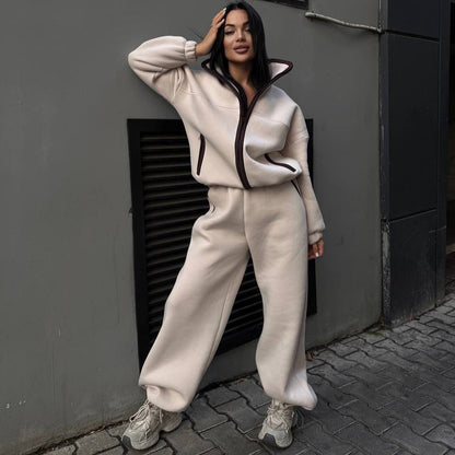 Damen Fleece-Jogginganzug Hochkragen Kängurutasche Schwarz Eveloria - Eveloria