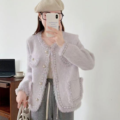 Damen Strickjacke Kuschelig Perlen Fransen Beige Eveloria