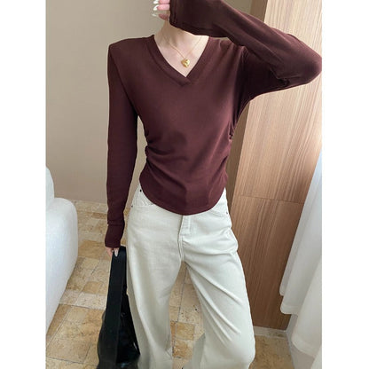 Damen Longsleeve-Oberteil V-Ausschnitt Raffung Eveloria
