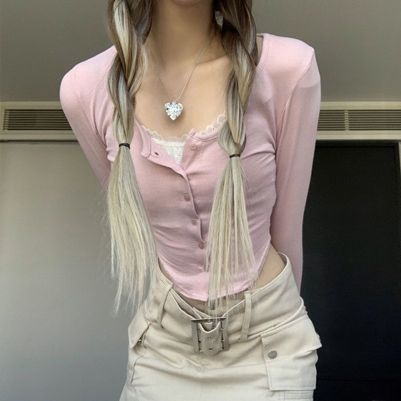 Damen Cropped Langarmshirt mit Knöpfen und Trägerdetails Schwarz - Eveloria