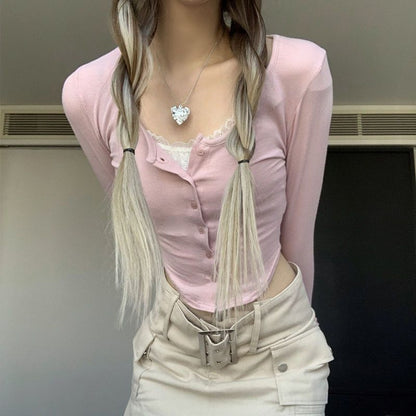 Damen Cropped Langarmshirt mit Knöpfen und Trägerdetails Schwarz - Eveloria