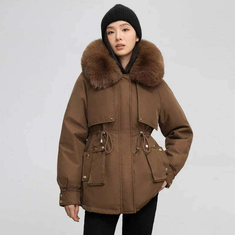 Damen Parka Mantel Verstellbare Taille Abnehmbarer Fellkragen