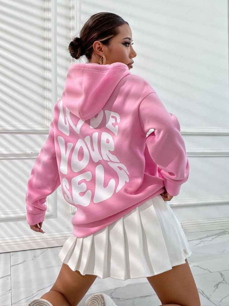 Damen Hoodie Kordelzug Kängurutasche Love Yourself Rückenprint