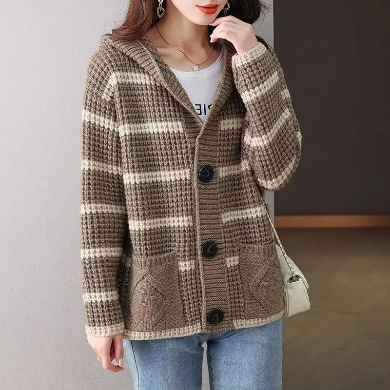 Damen Strickjacke Kapuze Karomuster Eveloria