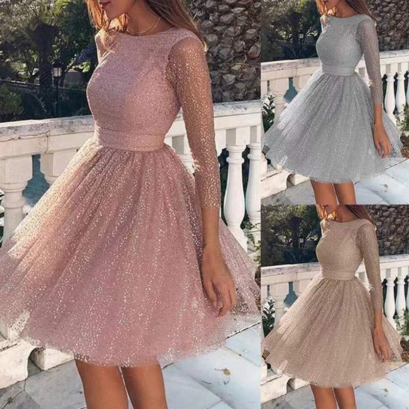 Damen Tüllkleid Glitzernd Elegant Langer Ärmel Schwarz Eveloria - Eveloria