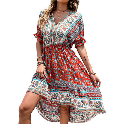 Damen Maxi-Kleid Florales Muster Asymmetrischer Saum