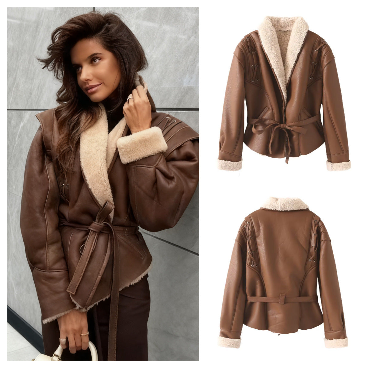 Damen Kunstlederjacke Teddyfutter Schnürdetails Schwarz - Eveloria