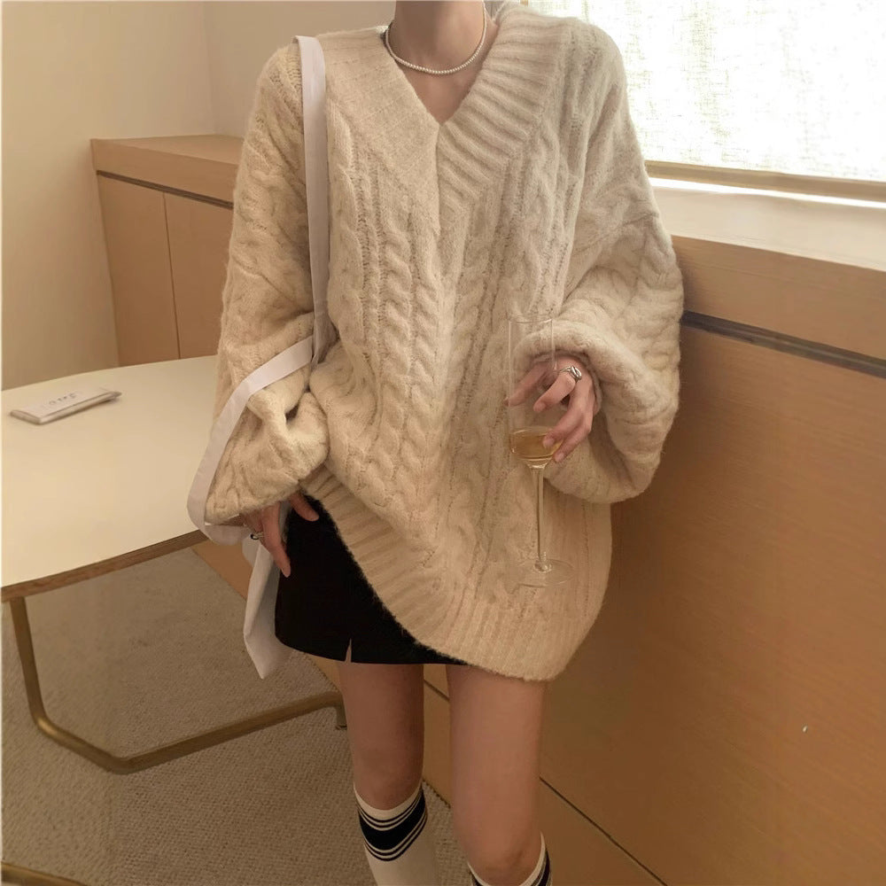 Damen Grobstrickpullover V-Ausschnitt Voluminöse Ärmel Eveloria