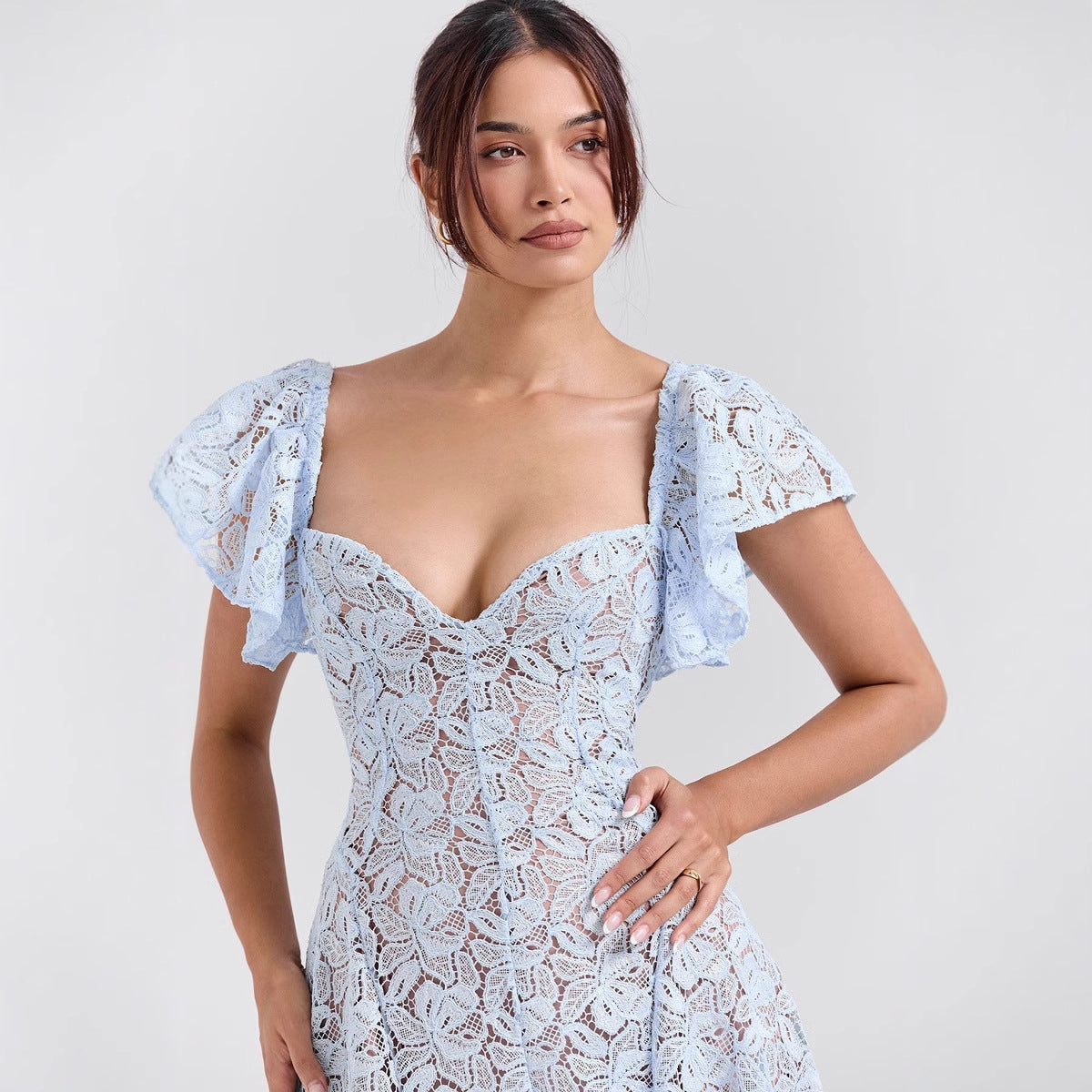 Damen Maxikleid Spitze Voluminöse Rüschen Herzförmiger Ausschnitt