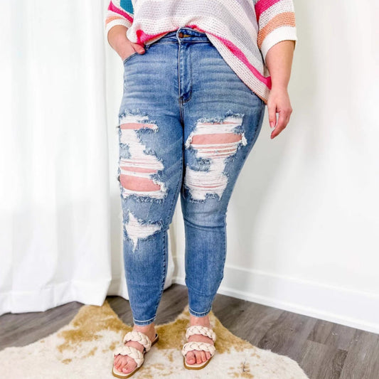 Damen High-Waist Boyfriend-Jeans Destroyed Dunkelblau Eveloria - Eveloria
