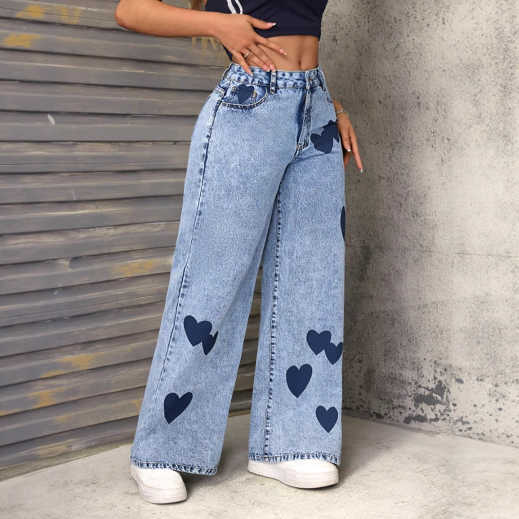 Damen Weite Jeans Herzen-Applikationen Eveloria