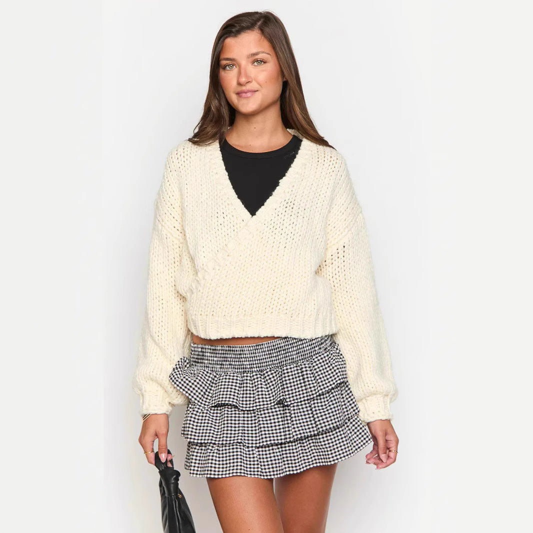 Damen Wickelpullover V-Ausschnitt Voluminöse Ärmel Eveloria