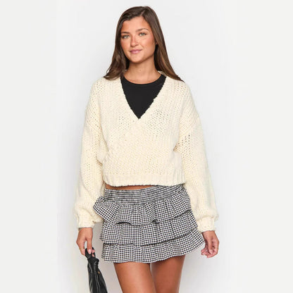 Damen Wickelpullover V-Ausschnitt Voluminöse Ärmel Eveloria