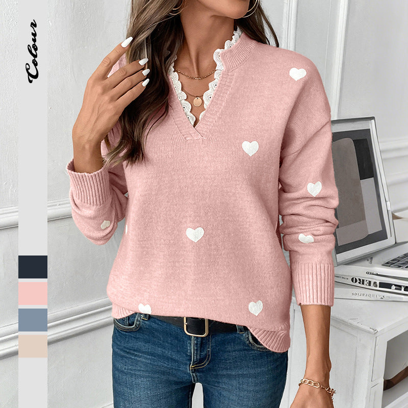Damen Strickpullover Herzmuster Rüschendetails Eveloria - Eveloria