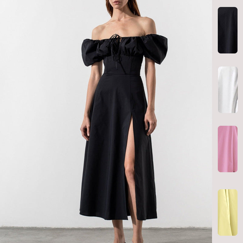 Damen Maxikleid Schulterfrei Voluminöse Puffärmel Eveloria - Eveloria