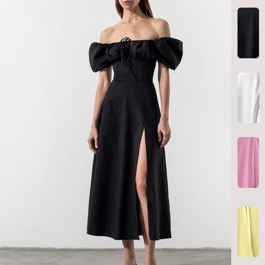 Damen Maxikleid Schulterfrei Voluminöse Puffärmel Eveloria - Eveloria