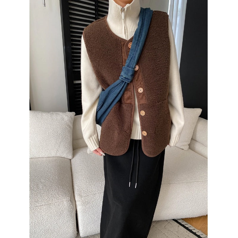 Damen Fleece-Weste mit Knöpfen und hohem Kragen